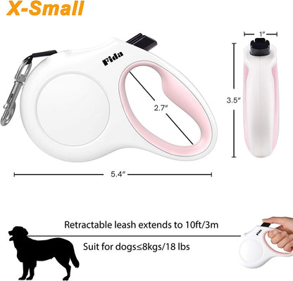 Retractable Dog Leash – 10 ft with Poop Bag Dispenser, Reflective & Tangle-Free for Pets up to 18 lbs (White, XS)