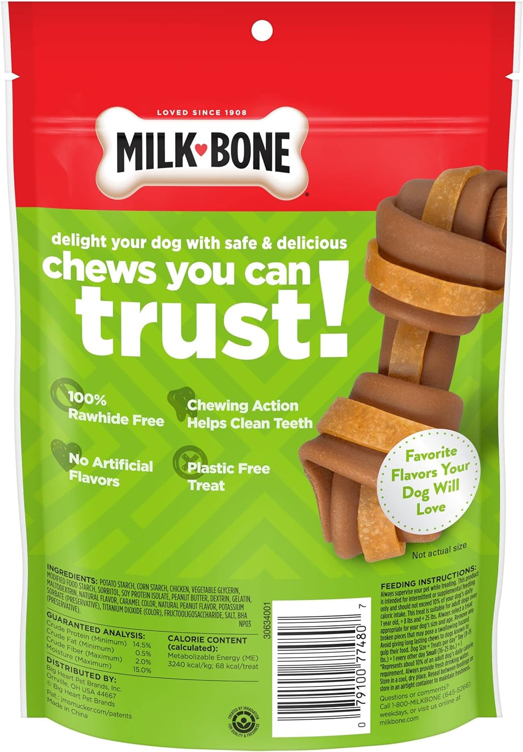 Chews Gnawbones Rawhide Free Dog Treats, Peanut Butter & Chicken, 8 Long Lasting Mini Knotted Bones (Pack of 4)