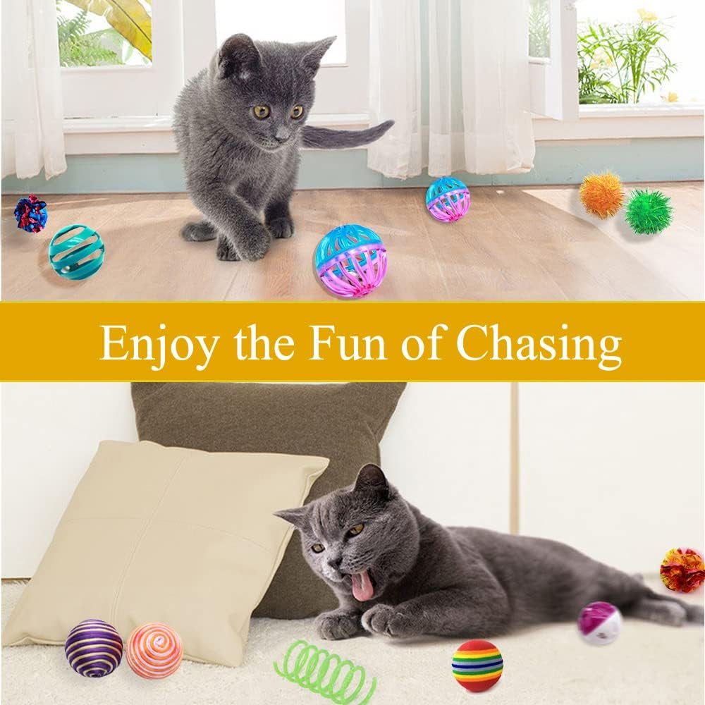 Cat Toys Kitten Assortment - Rainbow, Crinkle, Sparkle, Bell & Sisal Balls for All Cats - 30 Packs