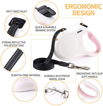 Retractable Dog Leash – 10 ft with Poop Bag Dispenser, Reflective & Tangle-Free for Pets up to 18 lbs (White, XS)