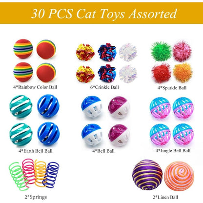 Cat Toys Kitten Assortment - Rainbow, Crinkle, Sparkle, Bell & Sisal Balls for All Cats - 30 Packs