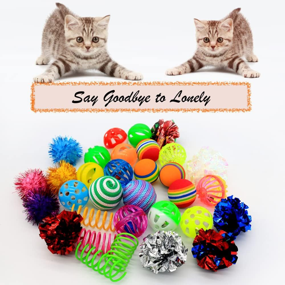 Cat Toys Kitten Assortment - Rainbow, Crinkle, Sparkle, Bell & Sisal Balls for All Cats - 30 Packs