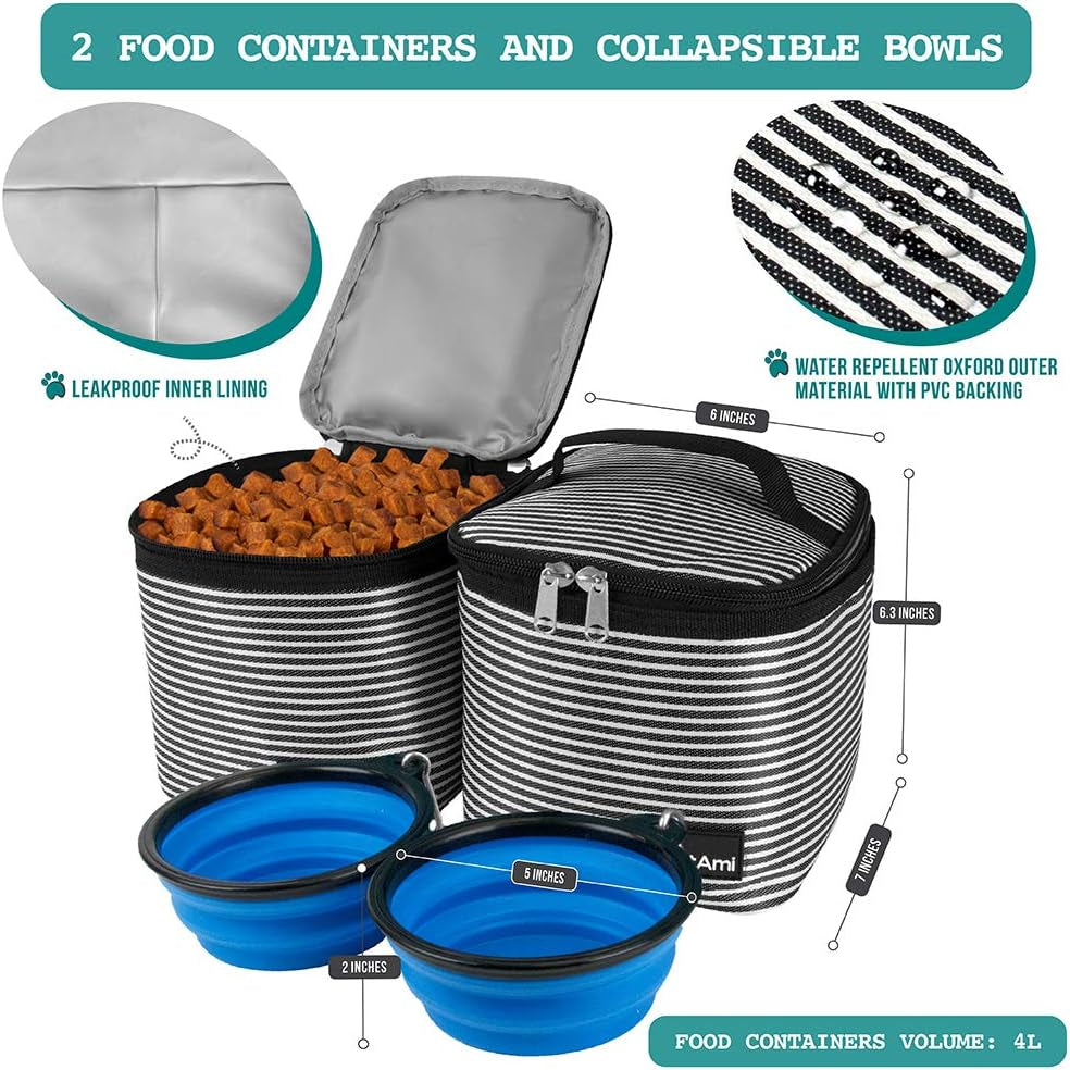 Dog Travel Backpack – Airline-Approved Pet Bag with Food Containers & Bowls (Stripe Black)