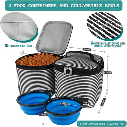 Dog Travel Backpack – Airline-Approved Pet Bag with Food Containers & Bowls (Stripe Black)