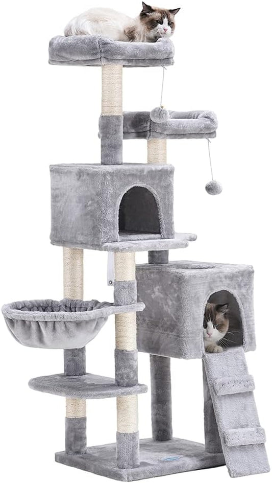 58'' Multi-Level Cat Tree – with Hammock, Plush Condos & Sisal Scratching Posts (Light Gray)