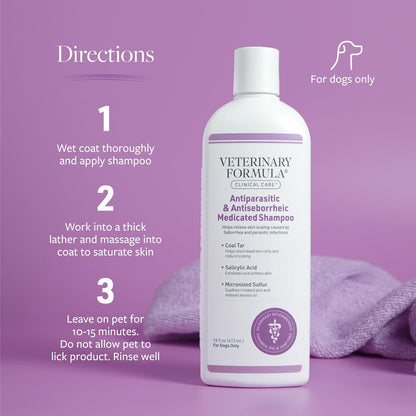 Veterinary Formula Clinical Care Antiparasitic and Antiseborrheic Medicated Dog Shampoo, 16 oz – Paraben-Free, Dye-Free, Soap-Free Hydrating and Antifungal Solution for Dogs
