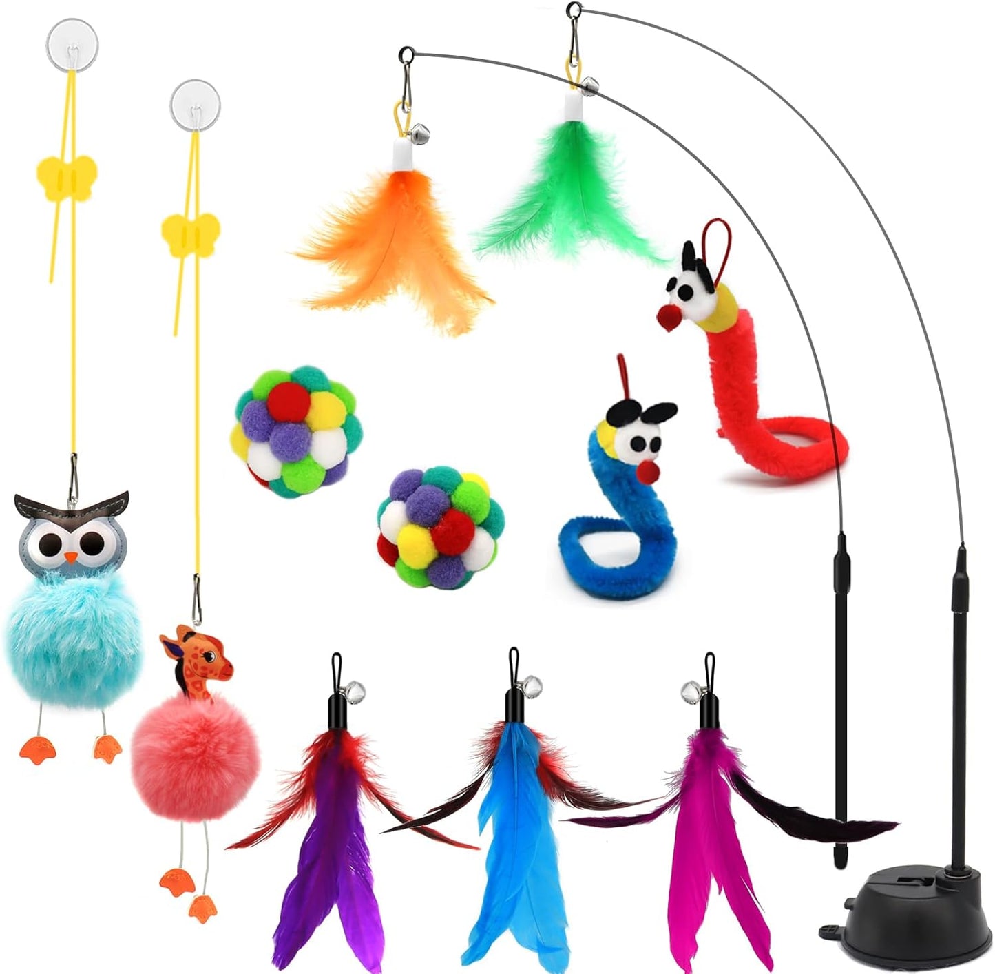 4-in-1 Interactive Cat Toy Set – Wand, Hanging Toys, Balls & Replaceable Feathers for Indoor Play