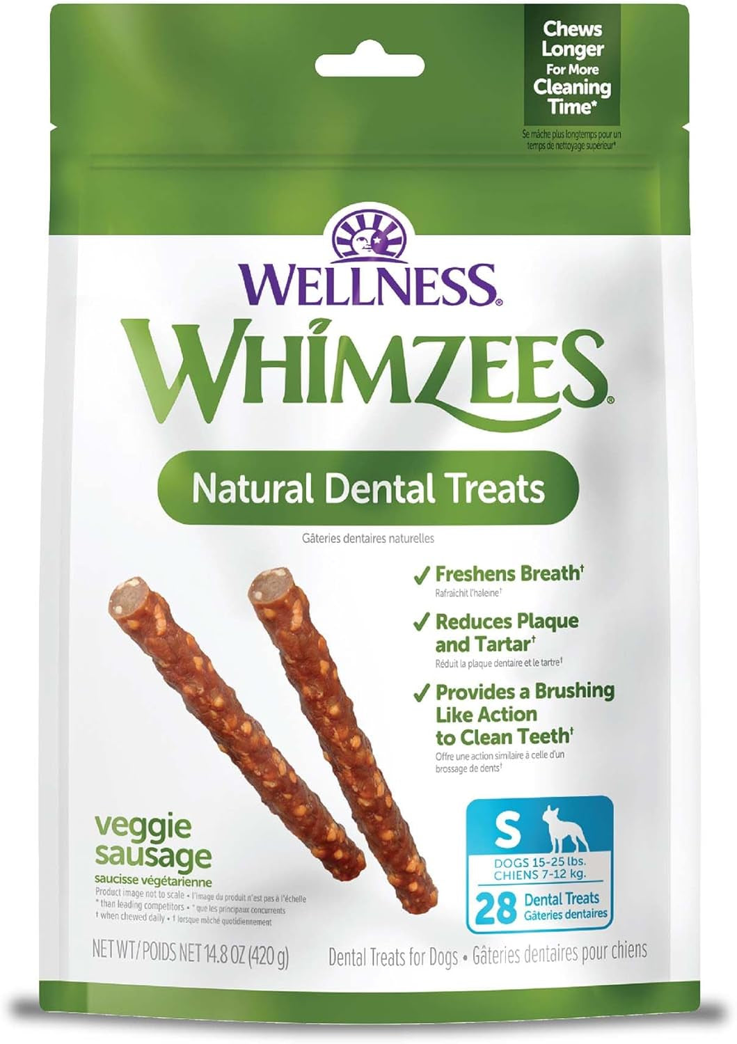 Wellness Veggie Sausage Dental Chews for Dogs, Natural Treats, Small Size Sticks, 28 Count